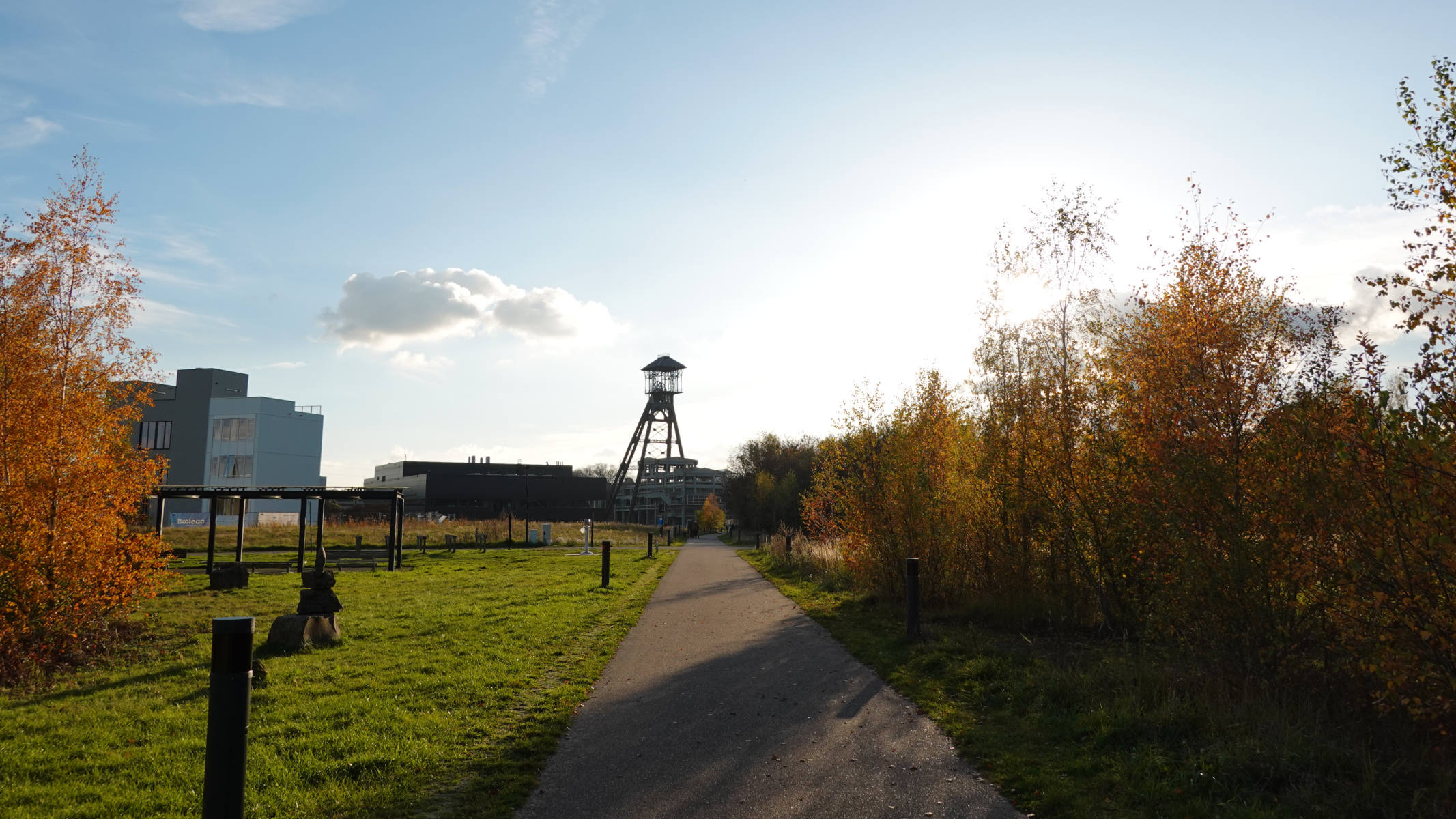 Een geplaveid pad leidt door een grasrijk park met herfstbomen aan beide zijden, naar een hoge houten uitkijktoren in de verte, onder een heldere, deels bewolkte hemel.
