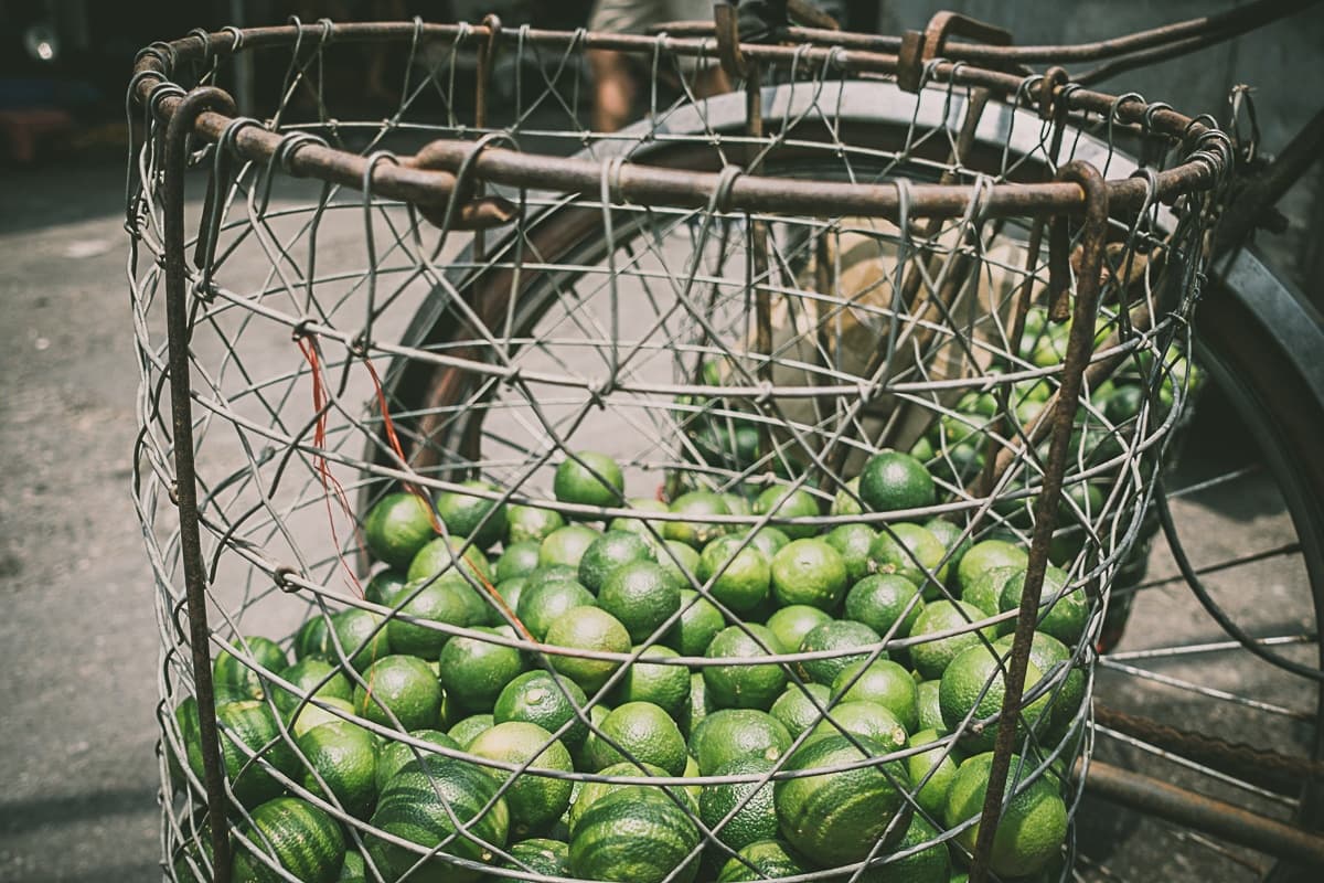 Een draadmand gevuld met verse groene limoenen is bevestigd aan een fiets. De scène, die doet denken aan een Streetfood van Azie markt, toont het wiel en het frame van de fiets gedeeltelijk zichtbaar buiten in een levendige straatomgeving.