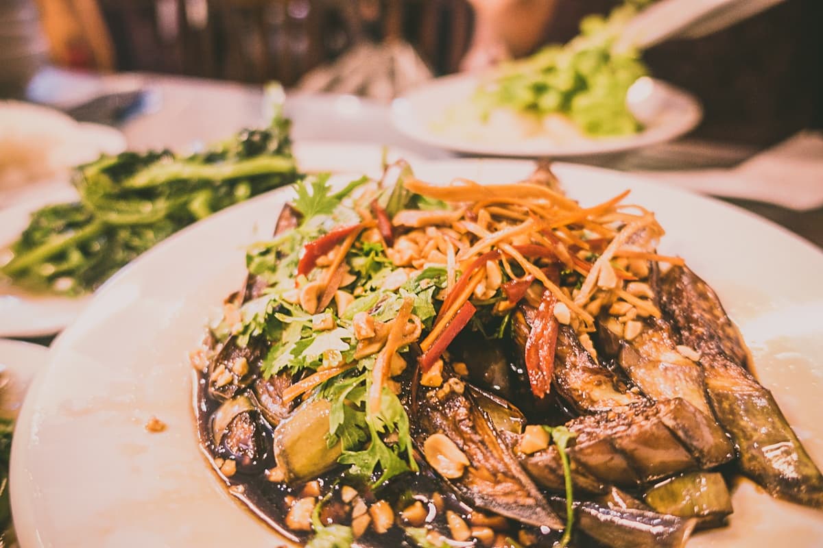 Een close-up van een bord roergebakken aubergine in een donkere saus, gegarneerd met gehakte pinda's, koriander, dunne wortelreepjes en rode chilipepers - de levendige smaken van Streetfood van Azie. Wazig groen en een ander bord staan op de achtergrond.