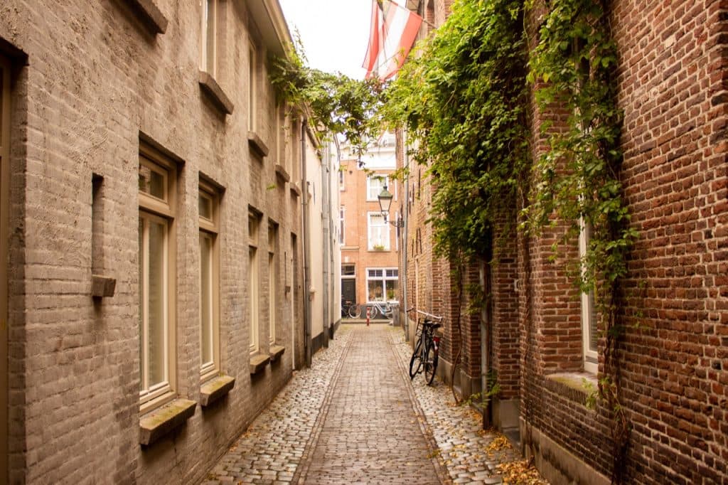Een smal geplaveid steegje in Den Bosch, verscholen tussen hoge bakstenen gebouwen met klimmende groene wijnranken. Langs de rechtermuur staan verschillende fietsen geparkeerd en helemaal aan het einde komen de rood-wit gestreepte luifels van Uitboeren in zicht.