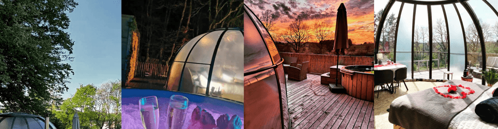 Een collage van vier afbeeldingen toont unieke glamping koepelaccommodaties: koepels tussen bomen, een koepel 's nachts met een verlicht bubbelbad, een uitzicht bij zonsondergang met bubbelbad en dek, en een gezellig koepelinterieur met bed en eettafel.