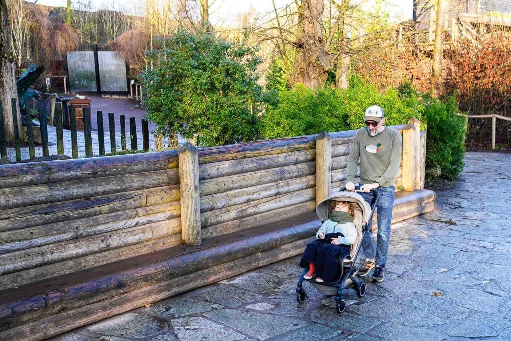 Een volwassene duwt een jong kind in een kinderwagen over een stenen pad omzoomd door een houten hek en groen op een zonnige dag, de vredige sfeer van een dagje Pairi Daiza bezoeken vastleggend.