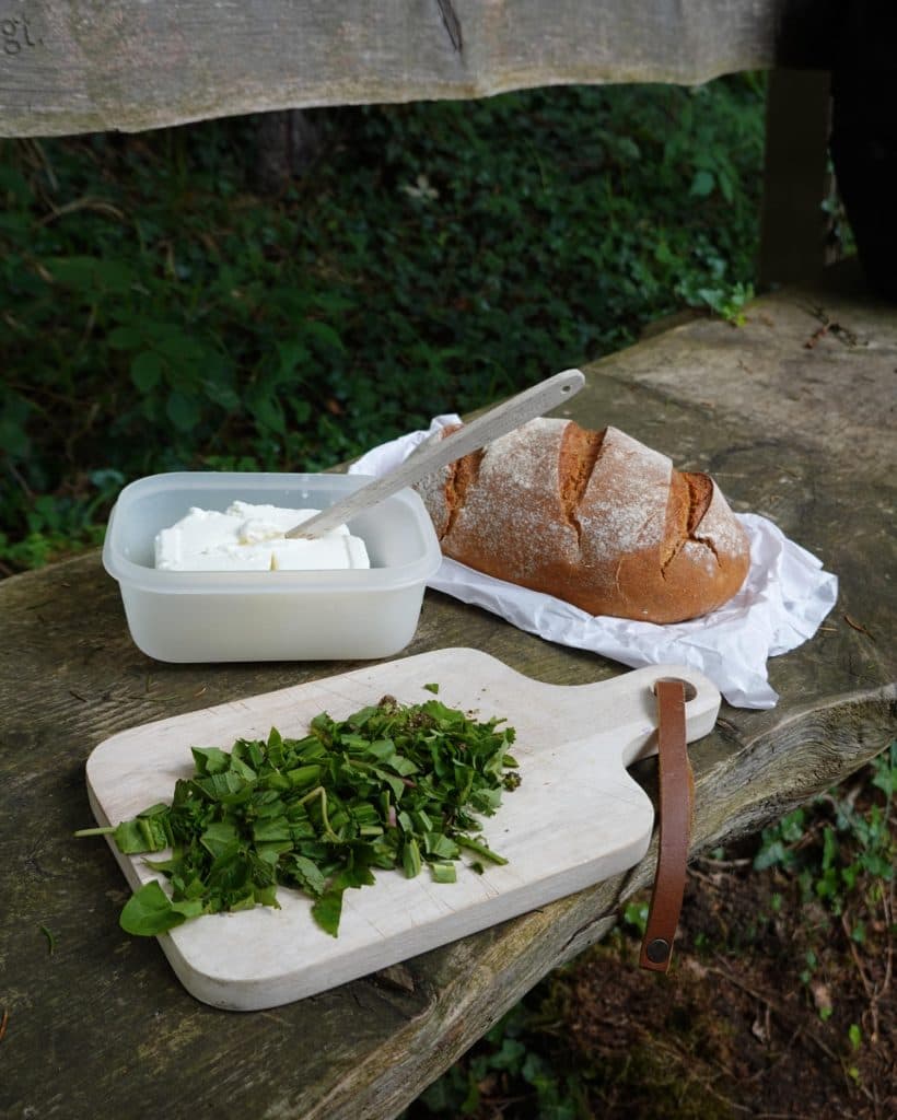 Een brood in plakjes, een bakje witte kaas met een mes en gehakte groenten op een snijplank zijn gerangschikt op een rustieke houten bank buiten - perfect voor een gezellige Tiroolse picknick omringd door weelderig groen.