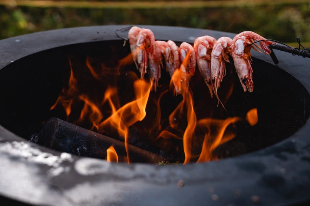 Garnalen gespiesd op een metalen staaf worden gegrild boven een open vuur op een ronde barbecuegrill buiten, terwijl de Noorwegen Nomads genieten van de verse vangst onder de gloeiende middernachtzon bij de fjorden.
