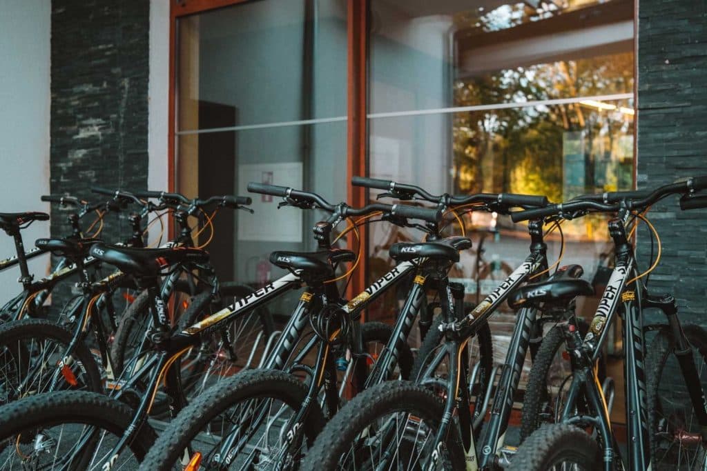 Verschillende zwarte mountainbikes met dikke banden staan dicht bij elkaar geparkeerd voor een gebouw met glazen ramen in Opole. Bomen en zonlicht worden weerspiegeld in de ramen en geven de geest van Opole reizen en buitenavonturen weer.