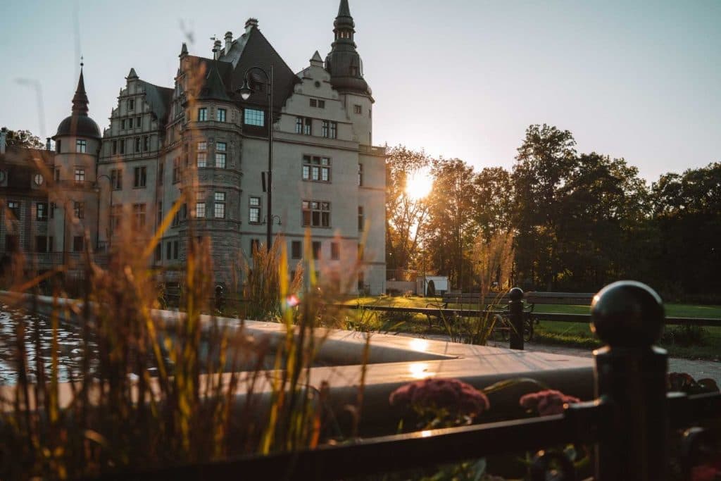Een groots, historisch kasteel met hoge torens staat bij zonsondergang bij een vijver, gedeeltelijk verborgen door hoog gras en bloemen. Zonlicht filtert door de bomen en werpt een warme gloed - een perfect tafereel voor reizigers uit Opole om te ontdekken.