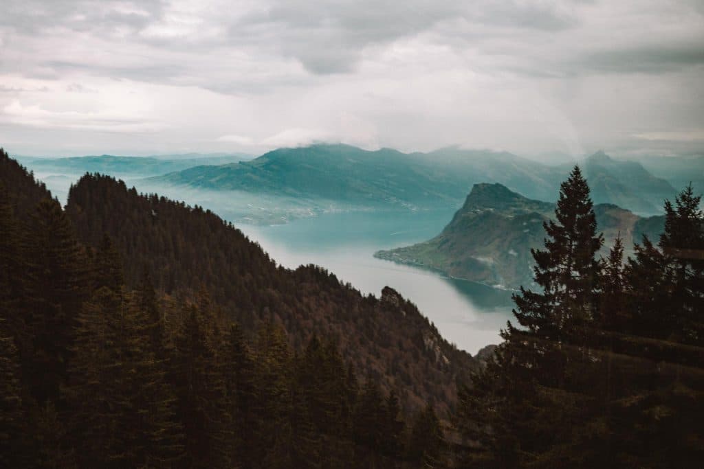 Een schilderachtig uitzicht op een meer omringd door beboste bergen onder een bewolkte hemel, met pijnbomen op de voorgrond en mistige bergtoppen op de achtergrond.