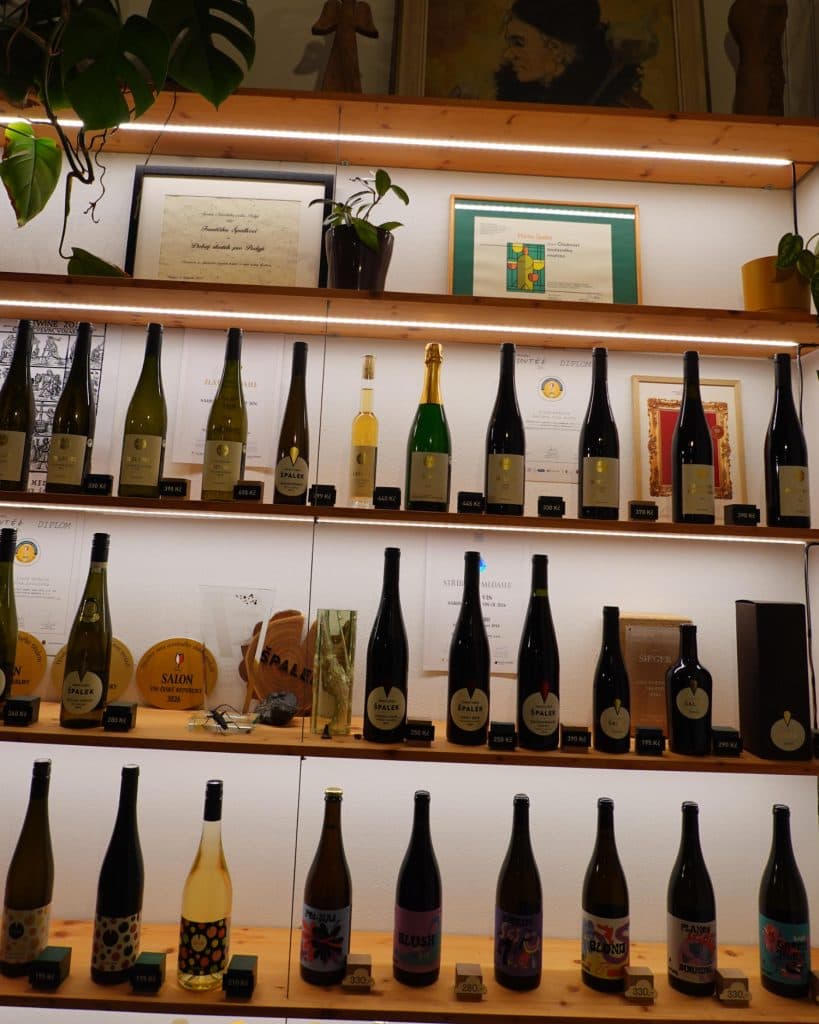 Flessen wijn staan uitgestald op houten planken tegen een goed verlichte muur, met certificaten, prijzen en planten tussen de flessen. Verschillende Tsjechische wijnetiketten en flesvormen zorgen voor een kleurrijke en georganiseerde opstelling.