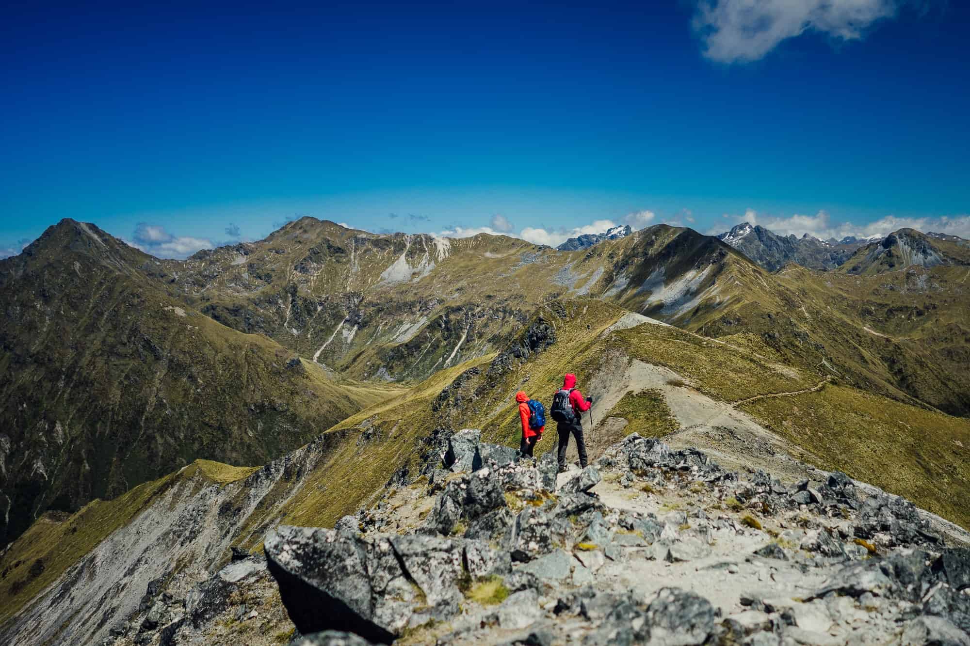 Twee wandelaars in rode jassen staan op een rotsachtige bergrug tijdens een trektocht in Nieuw-Zeeland, omringd door ruige bergtoppen en valleien onder een helderblauwe hemel. Het uitgestrekte groene landschap wordt gekenmerkt door grillige rotsen en bergen in de verte op de achtergrond.