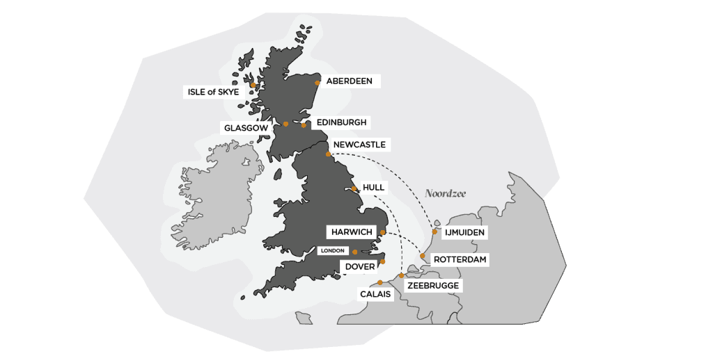 kaart ferries nederland schotland belgie engeland van PO & DFDS