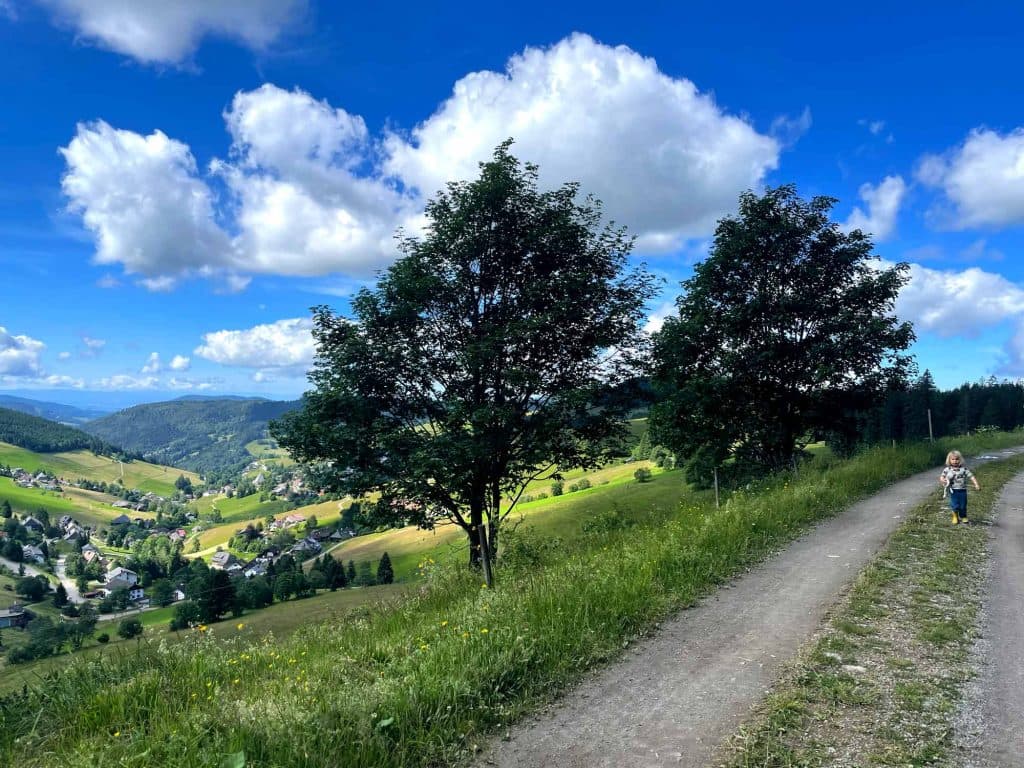 Een kind loopt over een zandpad met gras en bomen, uitkijkend over een groene vallei met verspreide huizen in Zwarte Woud in Duitsland, waar beboste heuvels en een blauwe lucht met pluizige witte wolken het perfecte decor vormen voor wandelen in Zwarte Woud.