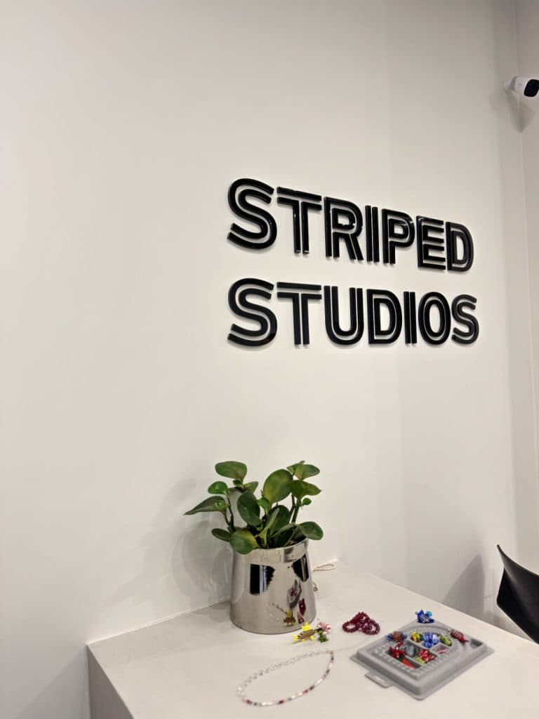 Een witte muur met vette zwarte letters die "STRIPED STUDIOS" spellen. Beneden staat een groene plant in een zilveren pot op een witte tafel naast knijpkralen en gereedschap - een gezellige plek die de sfeer van een vintage winkeltje in Hasselt weerspiegelt.