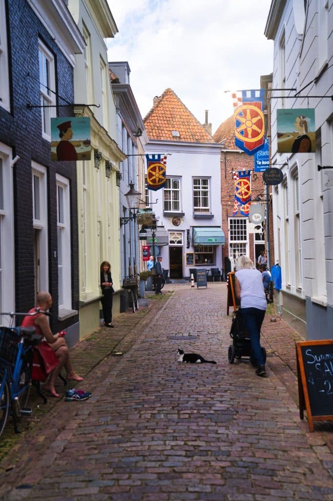 Een geplaveide straat in het Brabantse Heusden, met lopende mensen, kleurrijke borden erboven, een kat die in het midden ligt en gebouwen met witte en donkere gevels aan weerszijden.
