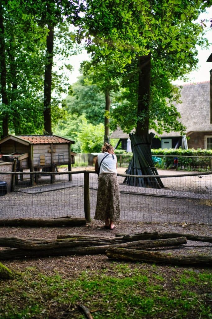 Een persoon met een knotkapsel, wit topje en lange rok met patroon staat van zich af te kijken, leunend op een draadhek in een schaduwrijk, boomrijk buitengebied - perfect voor vakantie met kinderen - met houten schuurtjes en rustieke gebouwen op de achtergrond.
