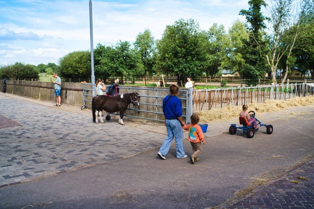 Een vrouw en twee kinderen lopen langs een omheind terrein met een pony in Loonsche Land, terwijl een ander kind op een skelter rijdt. Verschillende mensen staan vlakbij en genieten van de zon - perfect voor een vakantie met kinderen in de buurt van de Efteling.