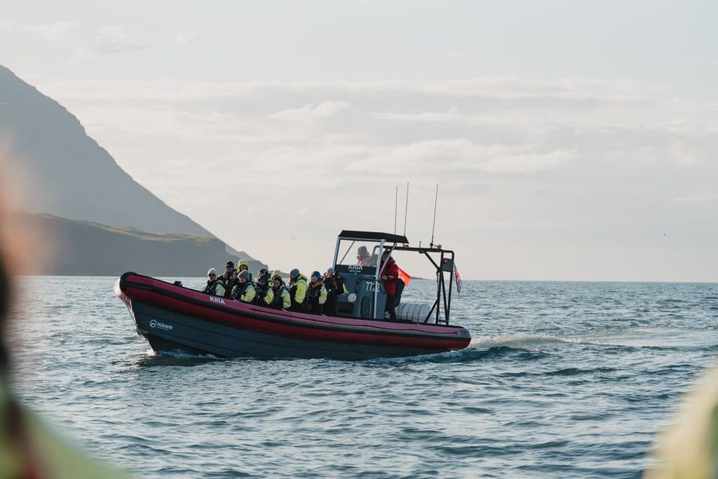 Een kleine motorboot met meerdere mensen in reddingsvesten vaart over een kalm watervlakte bij de bergachtige kustlijn van IJsland onder een bewolkte hemel, die de natuurlijke schoonheid en groei van de regio weerspiegelt.