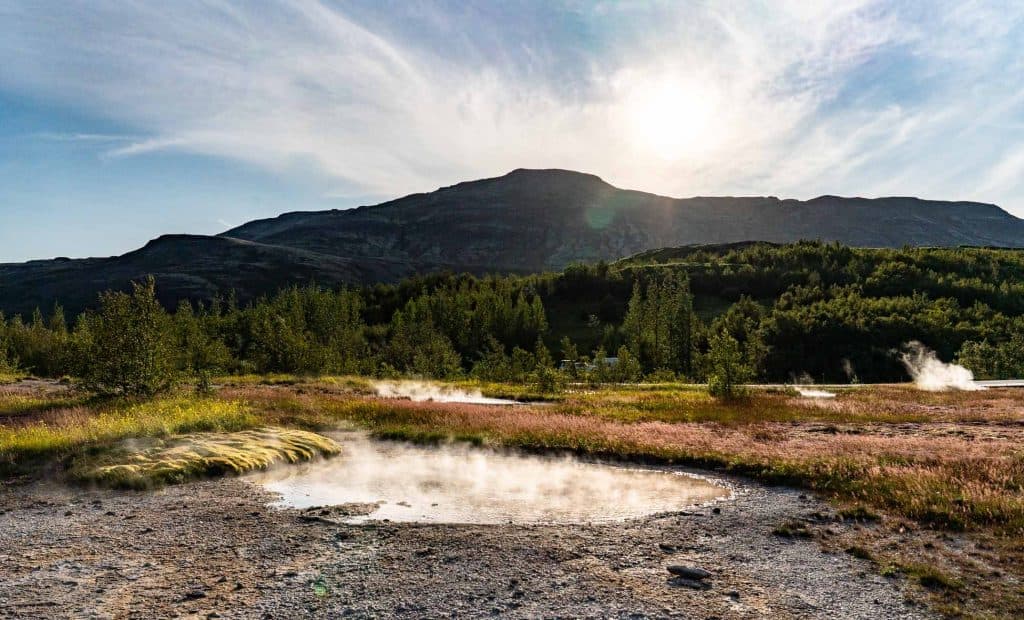 Tijdens je 7-daagse roadtrip met Iceland Nomads wacht je een ondiep, stomend warmwaterbad omringd door gras- en mosachtig terrein, met groene bomen en een berg op de achtergrond onder een gedeeltelijk bewolkte hemel en fel zonlicht.