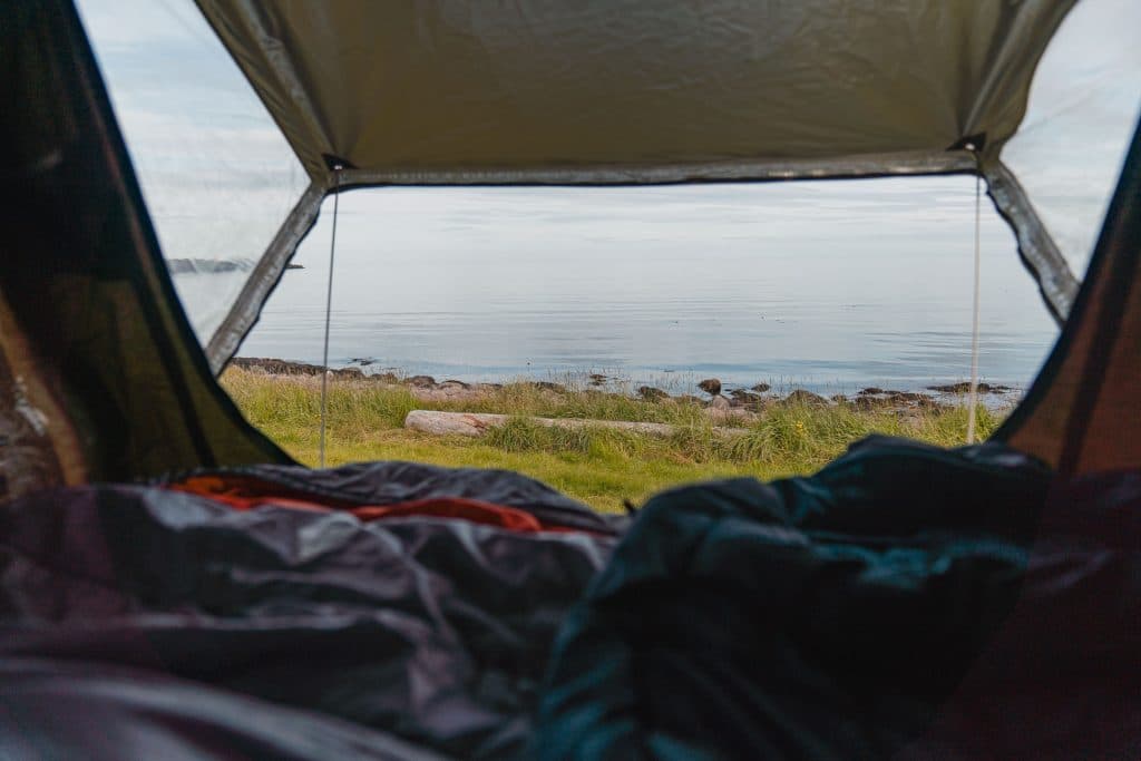 Geniet van een gezellig uitzicht vanuit je tent tijdens een 7-daagse roadtrip met Iceland Nomads-slaapzakken, grasachtige oevers en kalme wateren wachten onder de bewolkte IJslandse hemel.
