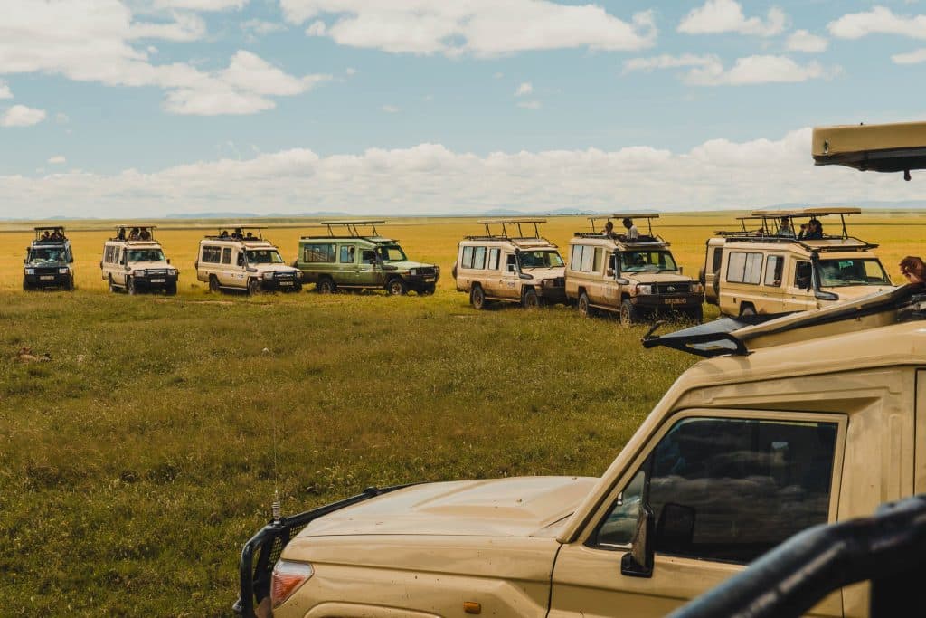 Een rij safarivoertuigen geparkeerd op grasvlakten onder een halfbewolkte hemel in Afrika, met een weids geel en groen landschap dat zich in de verte uitstrekt - perfect voor wie poolshoogte gaat nemen in Tanzania.