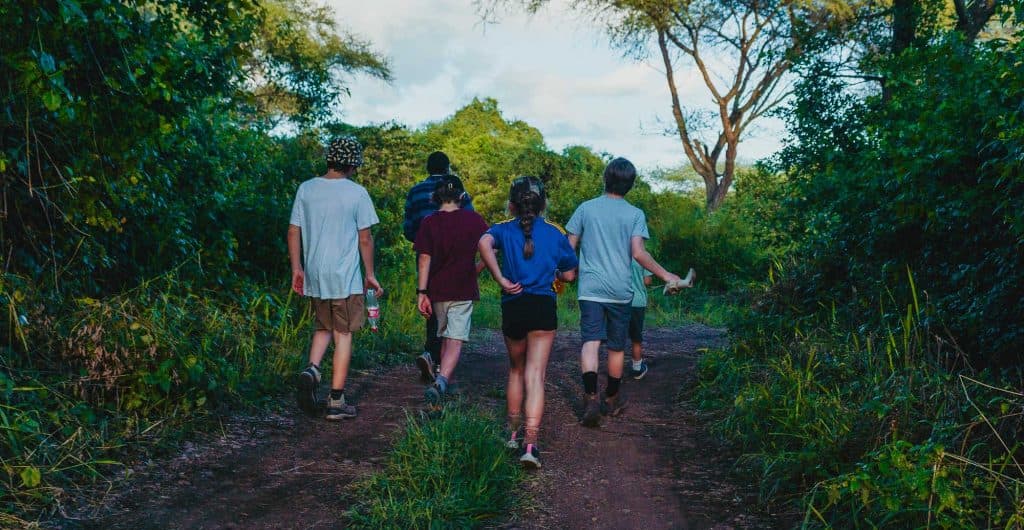 Een groep van zes kinderen loopt over een zandpad omringd door weelderig groene bomen en struiken, met zonlicht dat door het gebladerte filtert - een van de hoogtepunten van Tanzania in het dagelijks leven.