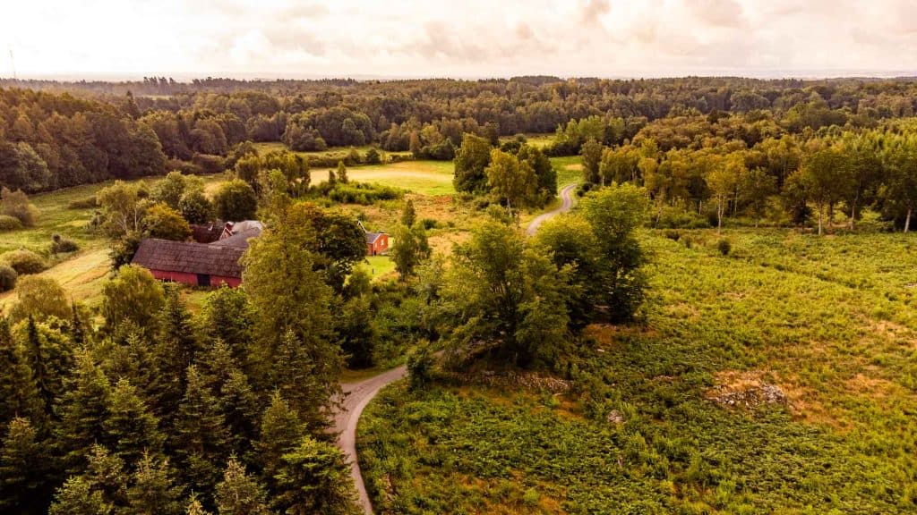 Een kronkelige weg slingert door weelderige groene velden en dichte bomen, langs een rode boerderij en schuur op het platteland van Zweden onder een bewolkte hemel.