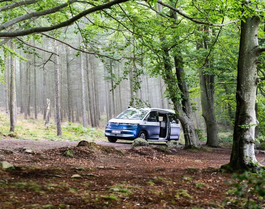 Een blauw-witte camper staat geparkeerd op een groene, bebladerde open plek in het bos in Zweden met de zijdeur open. Hoge bomen omringen de bus en het zonlicht filtert door de takken op de bosgrond.