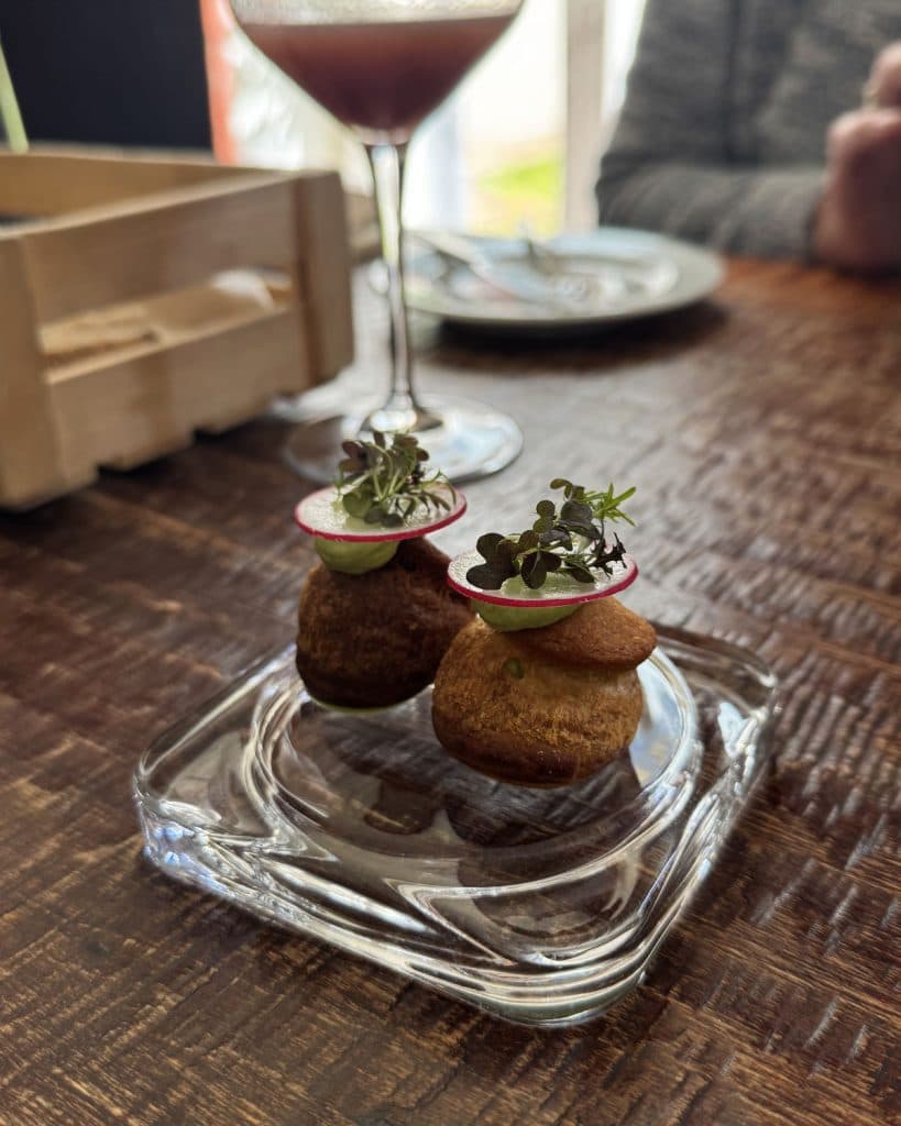 Twee hapklare, ronde hapjes belegd met dunne plakjes radijs, groene blaadjes en microgroenten worden gepresenteerd op een doorzichtige glazen schaal - perfect om de smaken van de Tsjechische keuken te proeven tijdens je reis door Brno.