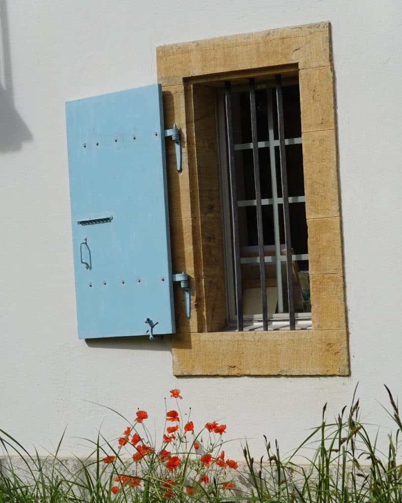 In Yverdon-les-Bains is een raam met tralies en een stenen kozijn ingebouwd in een witte muur. Het blauwe houten luik staat half open. Daaronder groeien roodoranje bloemen en groen gras, terwijl het zonlicht zachte schaduwen werpt op het raamkozijn in het kanton Vaud.