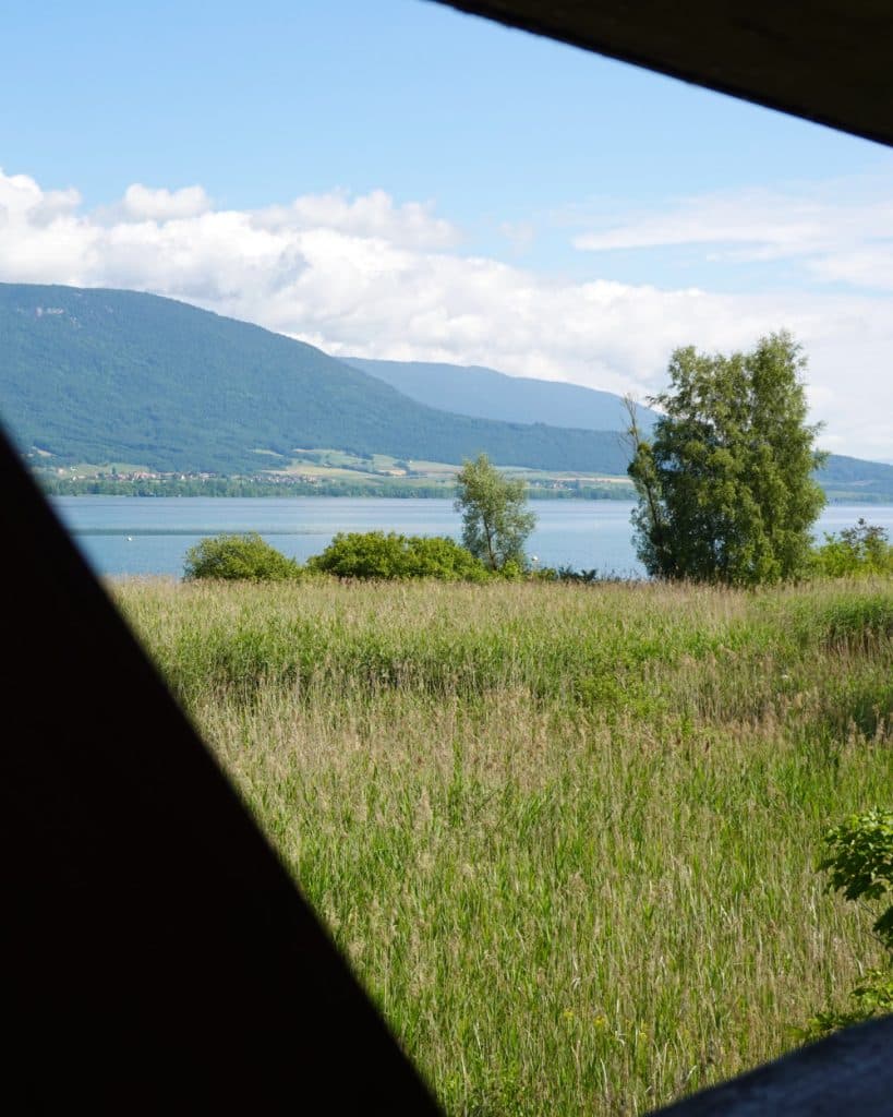 Uitzicht door een donker, driehoekig raamkozijn op hoog groen gras, lommerrijke bomen en een rustig meer in het kanton Vaud, met in de verte een bergketen onder een gedeeltelijk bewolkte blauwe hemel in de buurt van Yverdon-les-Bains.