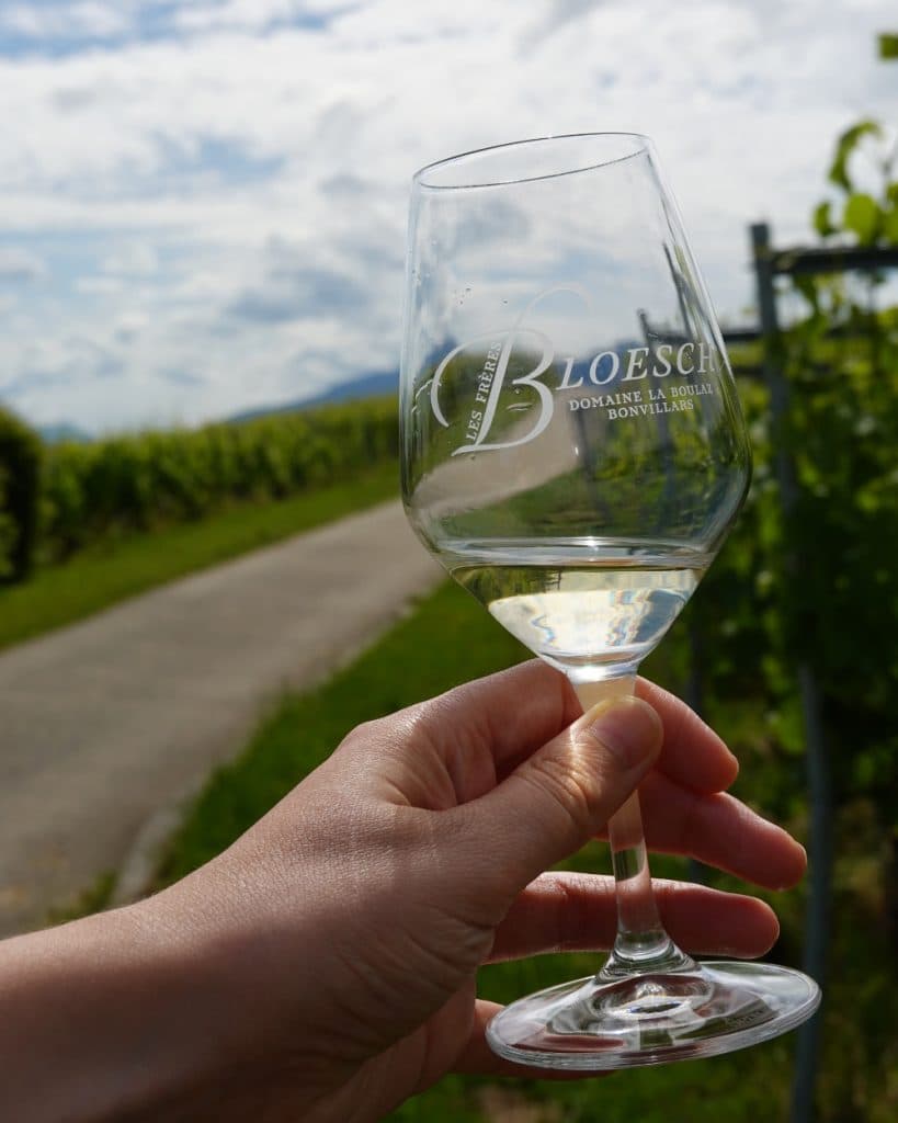 Een hand houdt een halfvol wijnglas vast waarop „Bloesch“ staat geschreven. Op de achtergrond strekt een wijngaard bij Yverdon-les-Bains in het kanton Vaud zich uit langs een pad onder een gedeeltelijk bewolkte hemel, met aan weerszijden groene wijnstokken.