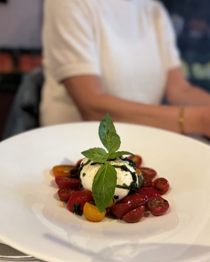 Op een wit bord ligt een bolletje burrata, gegarneerd met basilicum en omringd door gehalveerde cherrytomaatjes. Op de wazige achtergrond zit iemand in een wit overhemd met de armen over elkaar, wellicht ontspannen in een café in Yverdon-les-Bains. De aandacht gaat uit naar het kleurrijke eten op de voorgrond, dat een vleugje Vaud aan het tafereel toevoegt.