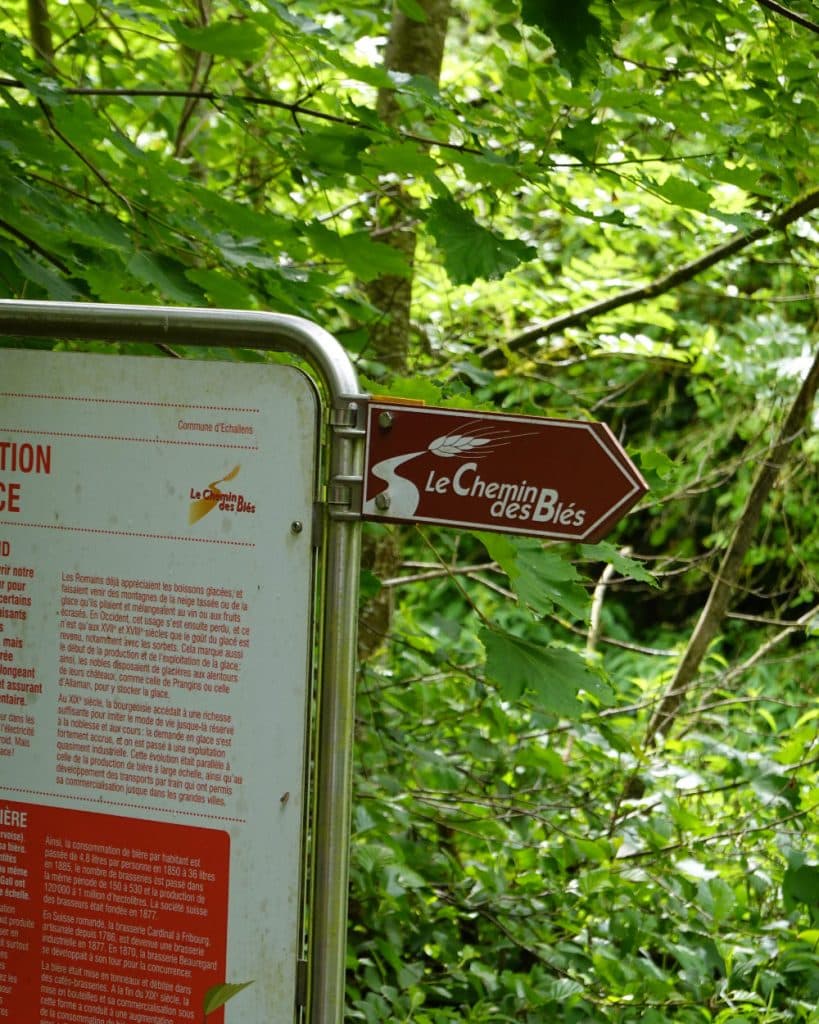In het kanton Vaud staat een metalen bord met Franse tekst te midden van weelderig groen. Daaraan is een kastanjebruin, pijlvormig bordje bevestigd met de tekst „Le Chemin des Blés“ en een afbeelding van tarwe, dat naar rechts wijst langs een natuurpad in de buurt van Yverdon-les-Bains.