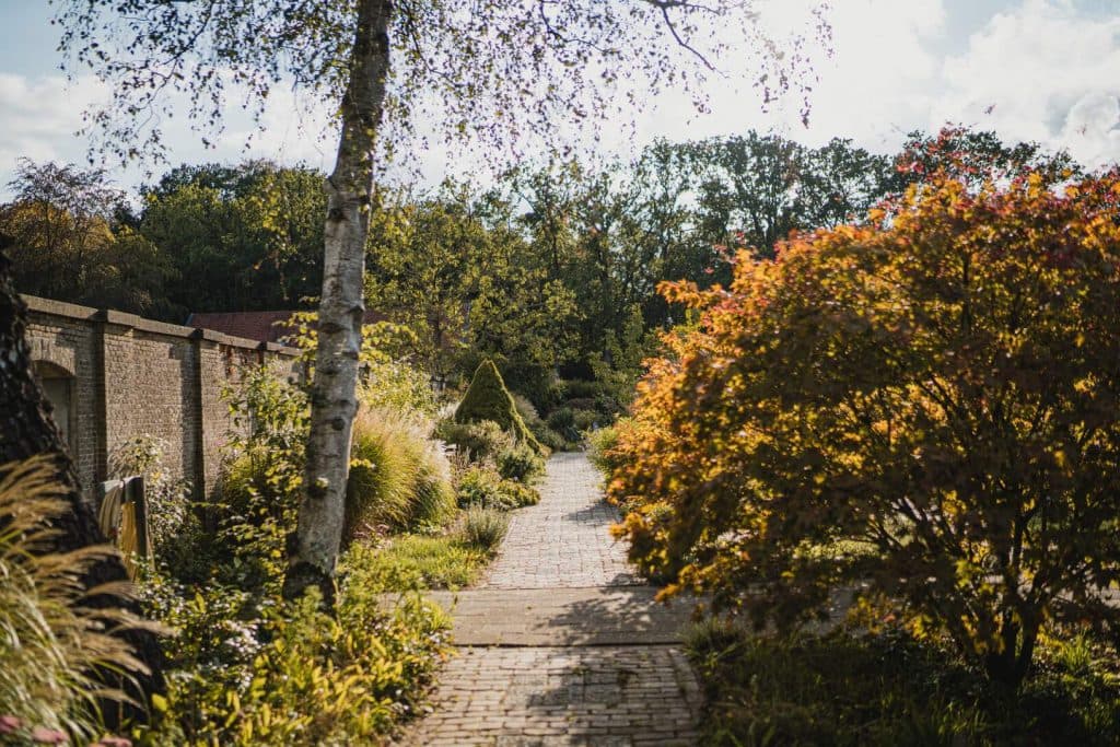 Een zonovergoten bakstenen pad slingert zich door een tuin met herfstbladeren, hoog gras, een stenen muur aan de linkerkant en bomen op de achtergrond – een beeld dat ‘het goede leven’ weergeeft dat zo kenmerkend is voor Bruisend Breda.