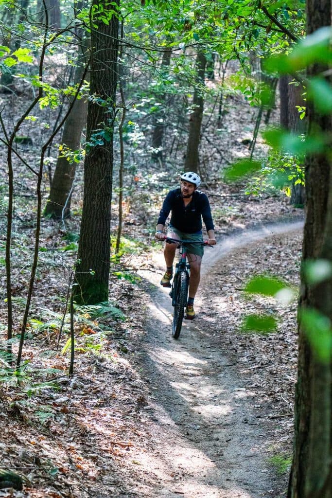 Iemand met een helm op fietst op een mountainbike over een smal, bochtig zandpad door een bos met hoge bomen en hier en daar invallend zonlicht, en geniet van het goede leven in de buurt van Breda.